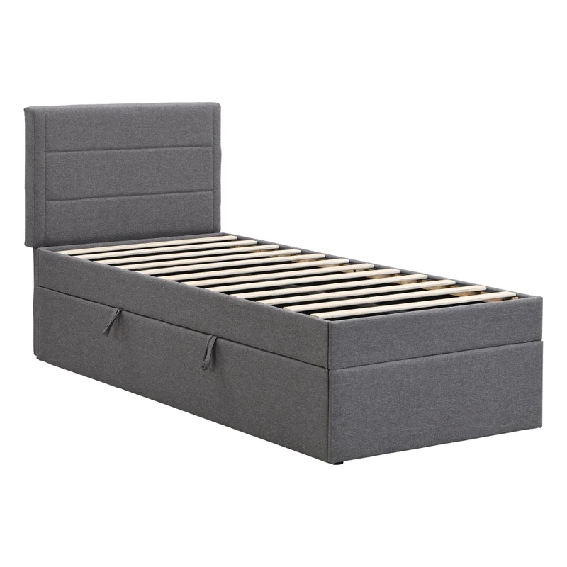 Letto imbottito singolo 90x200 con contenitore e rete a doghe; grigio