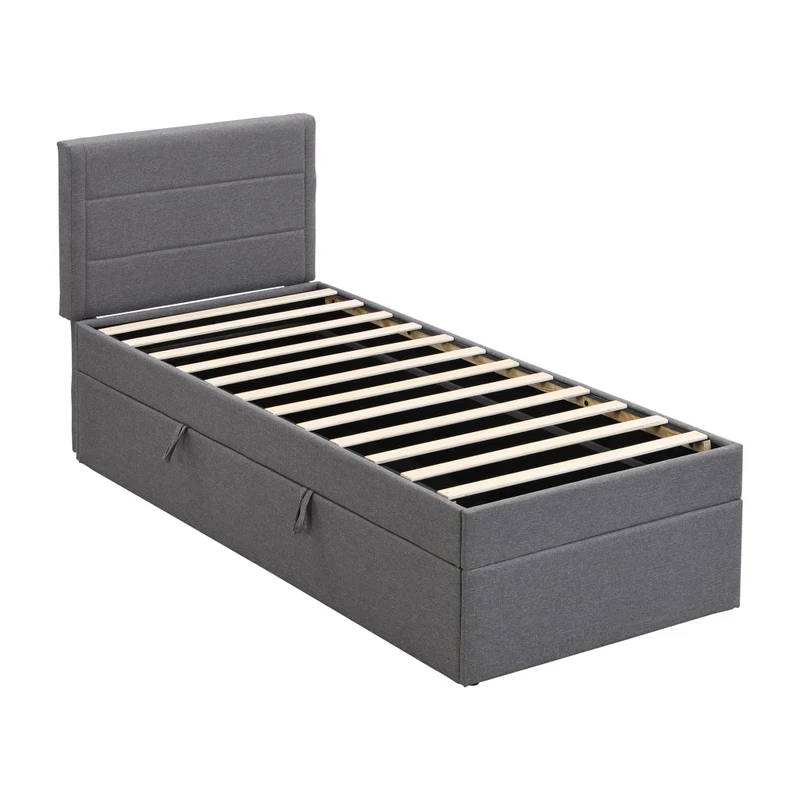 Letto imbottito singolo 90x200 con contenitore e rete a doghe; grigio