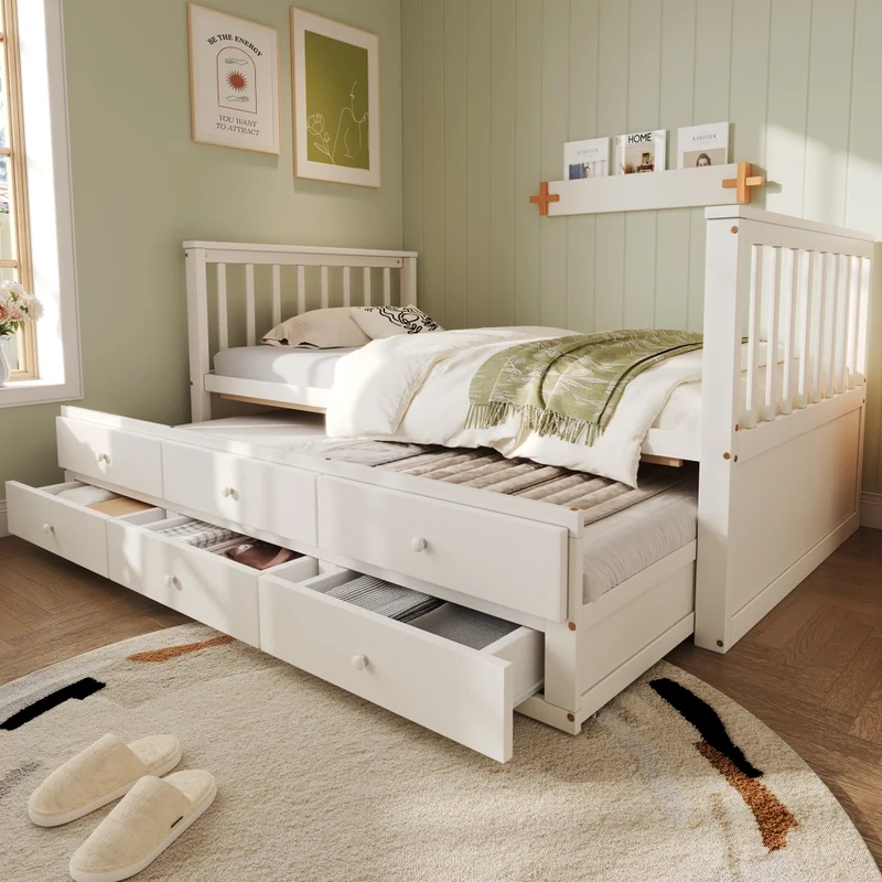 Letto singolo bianco 90x200 cm in legno massello con letto estraibile 90x190 cm e 3 cassetti