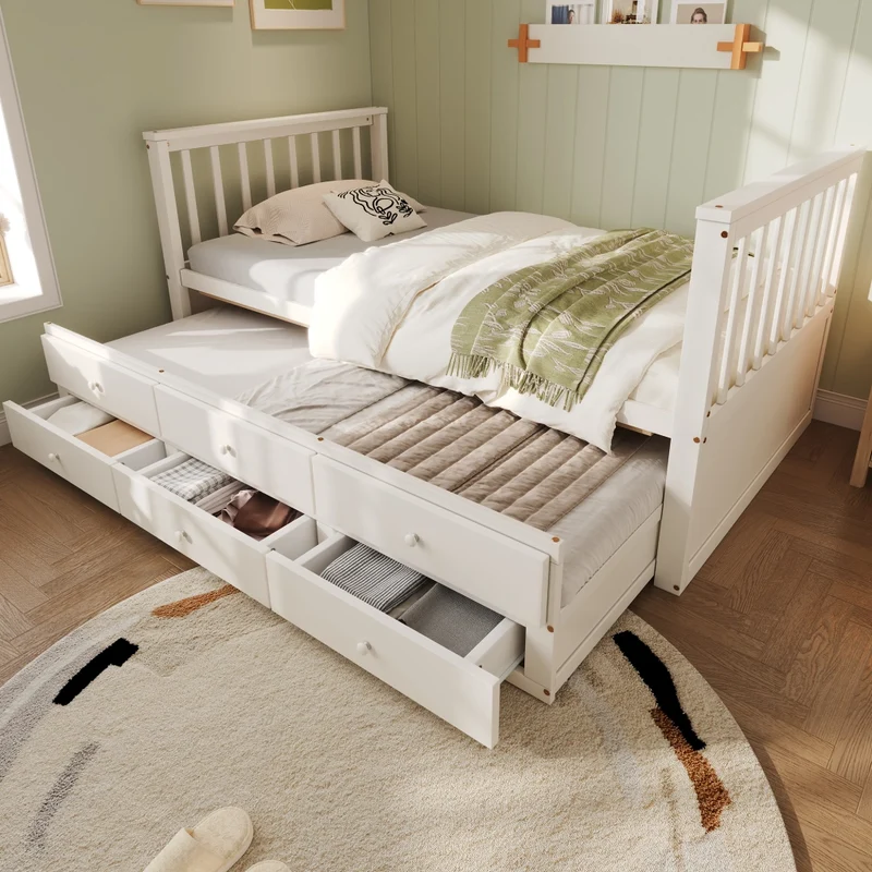Letto singolo bianco 90x200 cm in legno massello con letto estraibile 90x190 cm e 3 cassetti