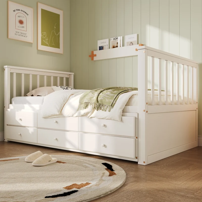 Letto singolo bianco 90x200 cm in legno massello con letto estraibile 90x190 cm e 3 cassetti