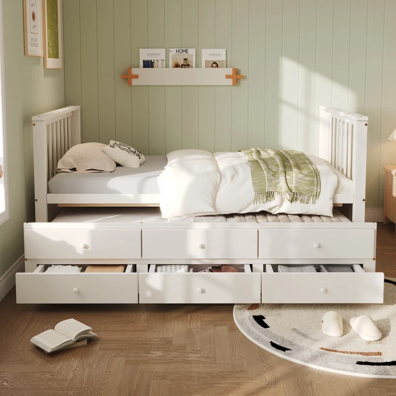 Letto singolo bianco 90x200 cm in legno massello con letto estraibile 90x190 cm e 3 cassetti