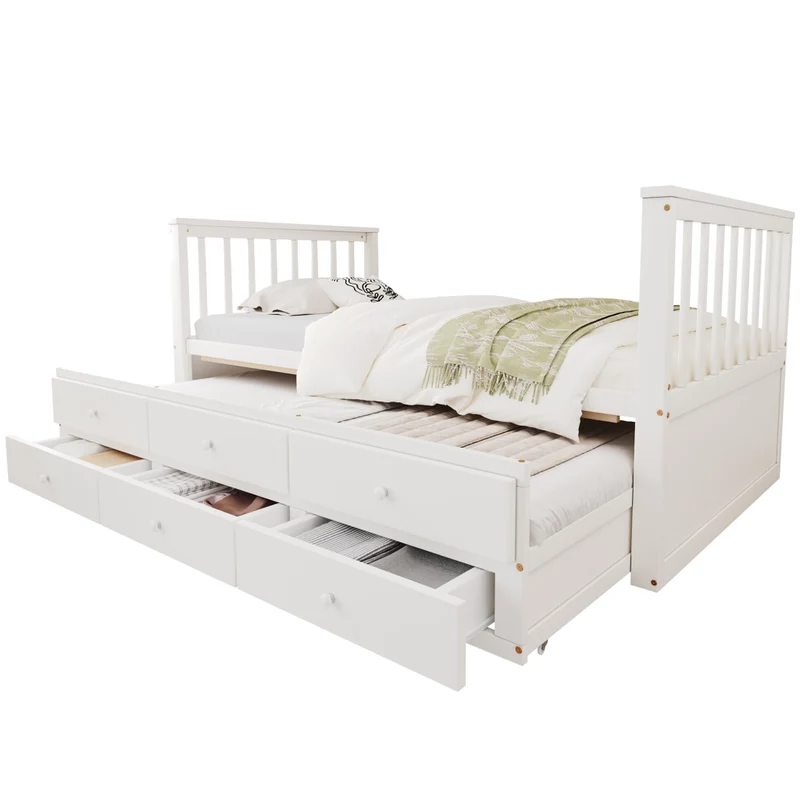 Letto singolo bianco 90x200 cm in legno massello con letto estraibile 90x190 cm e 3 cassetti