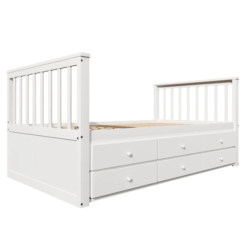 Letto singolo bianco 90x200 cm in legno massello con letto estraibile 90x190 cm e 3 cassetti