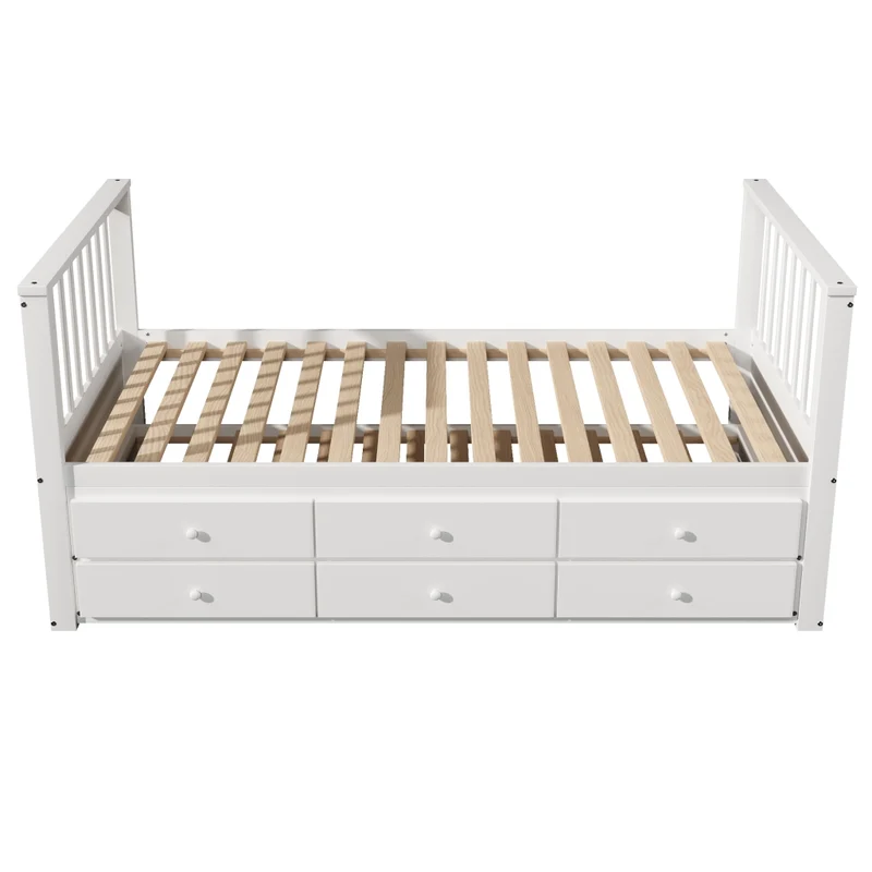 Letto singolo bianco 90x200 cm in legno massello con letto estraibile 90x190 cm e 3 cassetti
