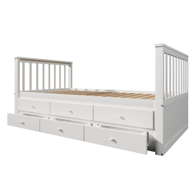 Letto singolo bianco 90x200 cm in legno massello con letto estraibile 90x190 cm e 3 cassetti