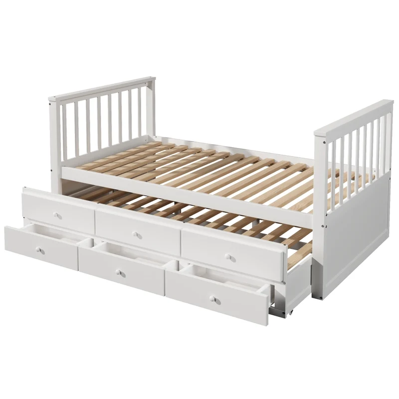 Letto singolo bianco 90x200 cm in legno massello con letto estraibile 90x190 cm e 3 cassetti