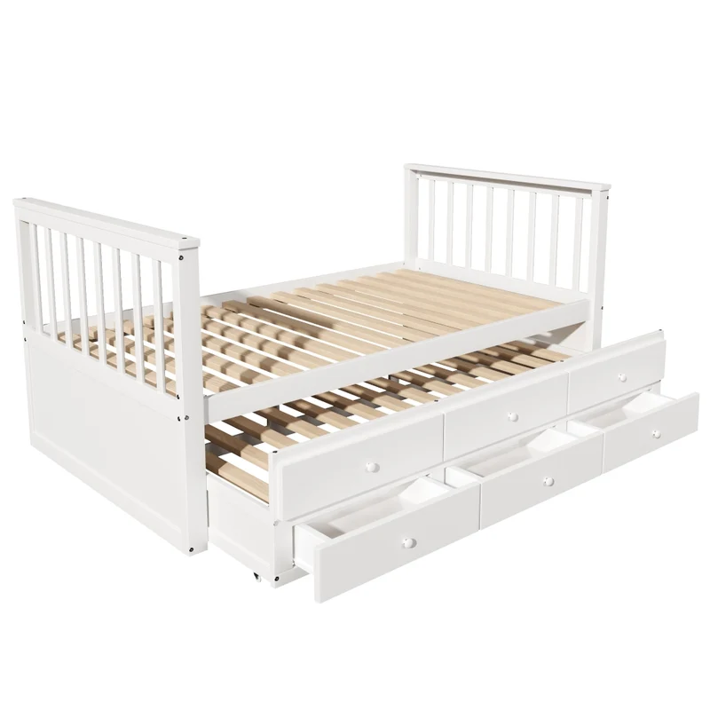 Letto singolo bianco 90x200 cm in legno massello con letto estraibile 90x190 cm e 3 cassetti