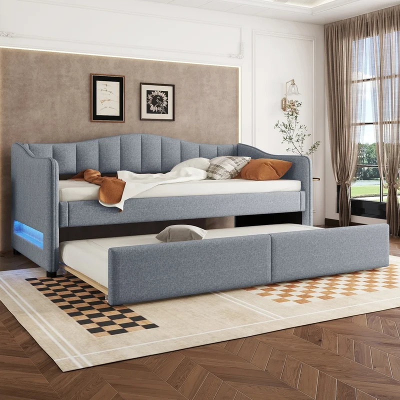 Letto singolo 90x200 cm con letto estraibile; struttura in lino e MDF; LED; grigio