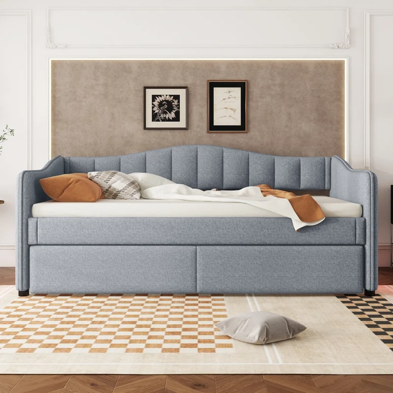 Letto singolo 90x200 cm con letto estraibile; struttura in lino e MDF; LED; grigio