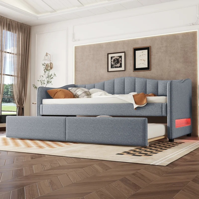 Letto singolo 90x200 cm con letto estraibile; struttura in lino e MDF; LED; grigio