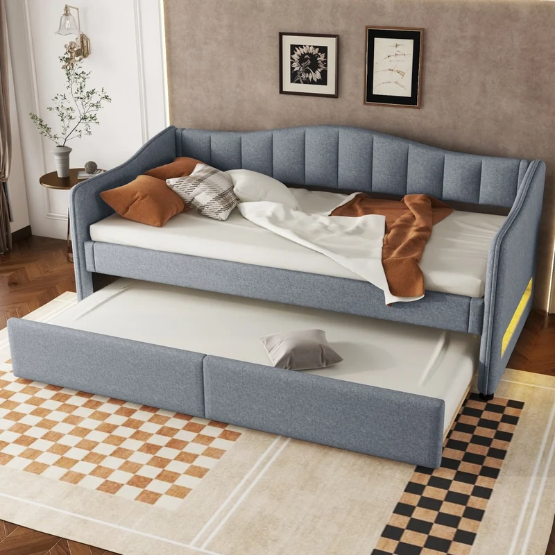 Letto singolo 90x200 cm con letto estraibile; struttura in lino e MDF; LED; grigio