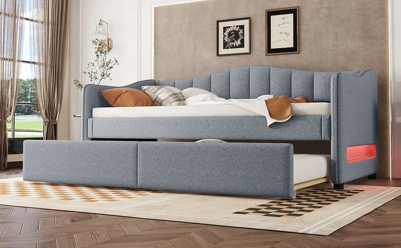 Letto singolo 90x200 cm con letto estraibile; struttura in lino e MDF; LED; grigio