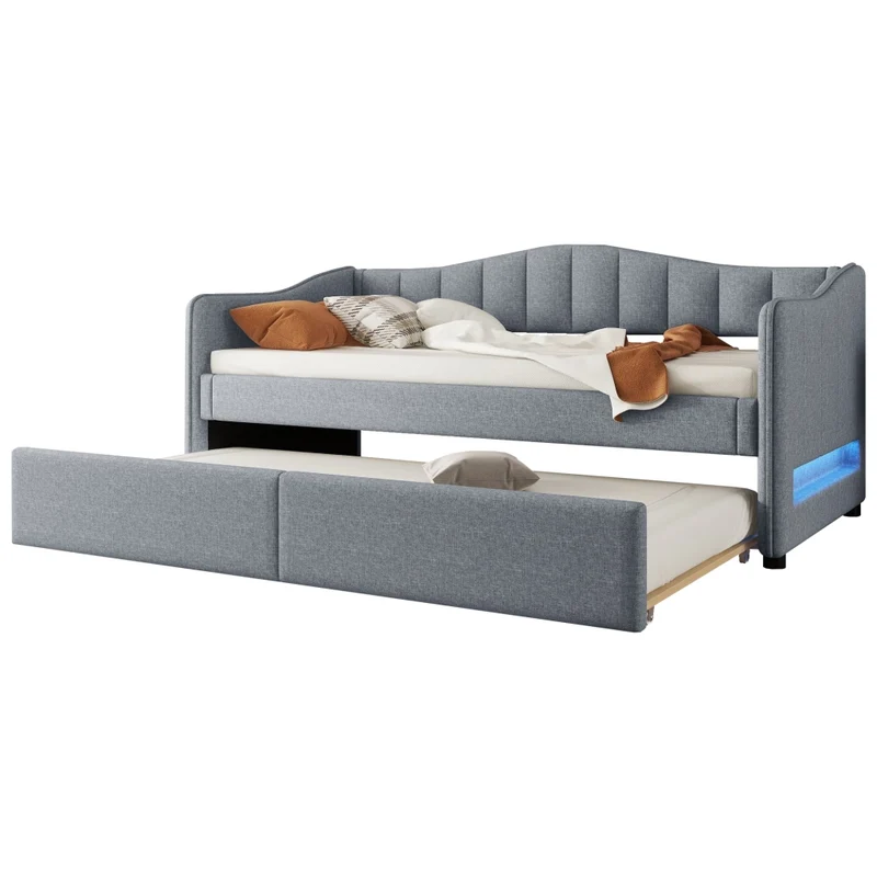 Letto singolo 90x200 cm con letto estraibile; struttura in lino e MDF; LED; grigio