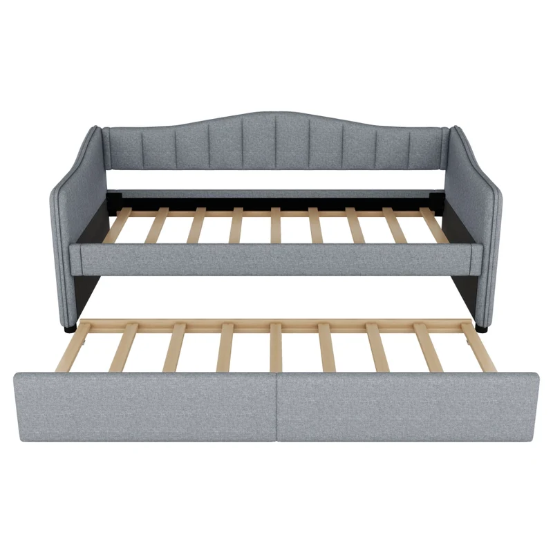 Letto singolo 90x200 cm con letto estraibile; struttura in lino e MDF; LED; grigio