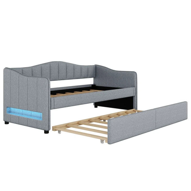 Letto singolo 90x200 cm con letto estraibile; struttura in lino e MDF; LED; grigio