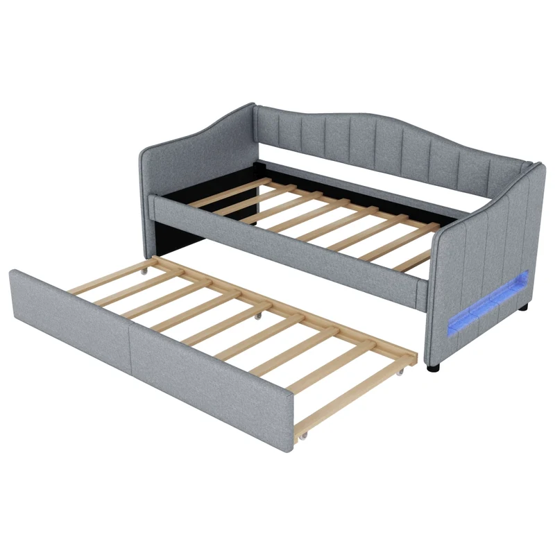 Letto singolo 90x200 cm con letto estraibile; struttura in lino e MDF; LED; grigio