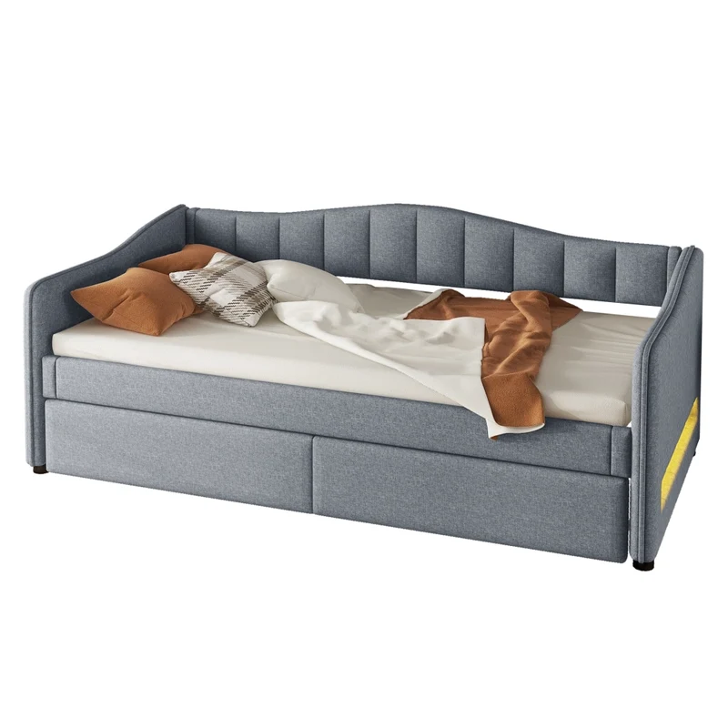 Letto singolo 90x200 cm con letto estraibile; struttura in lino e MDF; LED; grigio