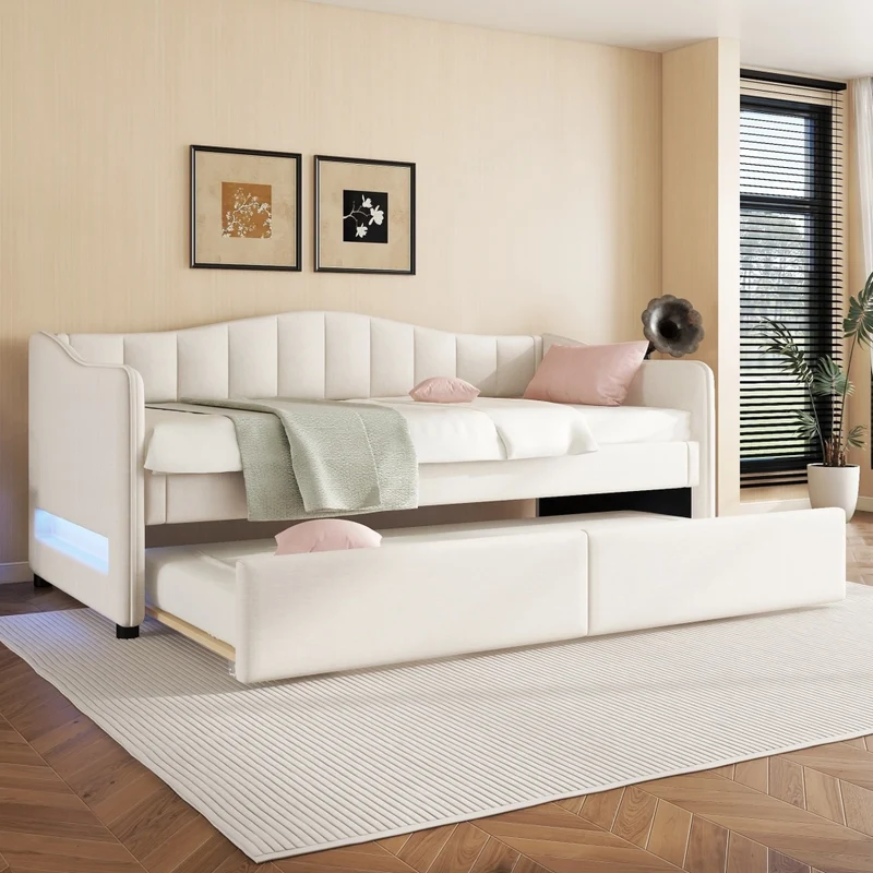Letto singolo 90x200 cm con letto estraibile; luce LED e rivestimento beige in lino