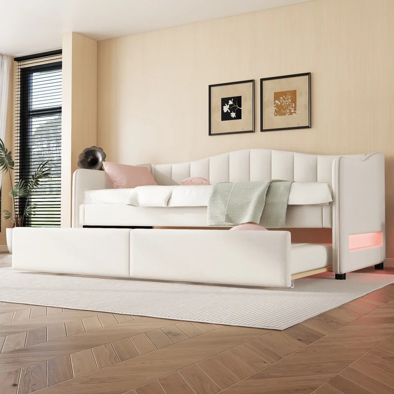 Letto singolo 90x200 cm con letto estraibile; luce LED e rivestimento beige in lino