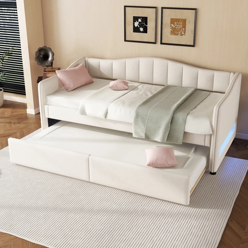 Letto singolo 90x200 cm con letto estraibile; luce LED e rivestimento beige in lino