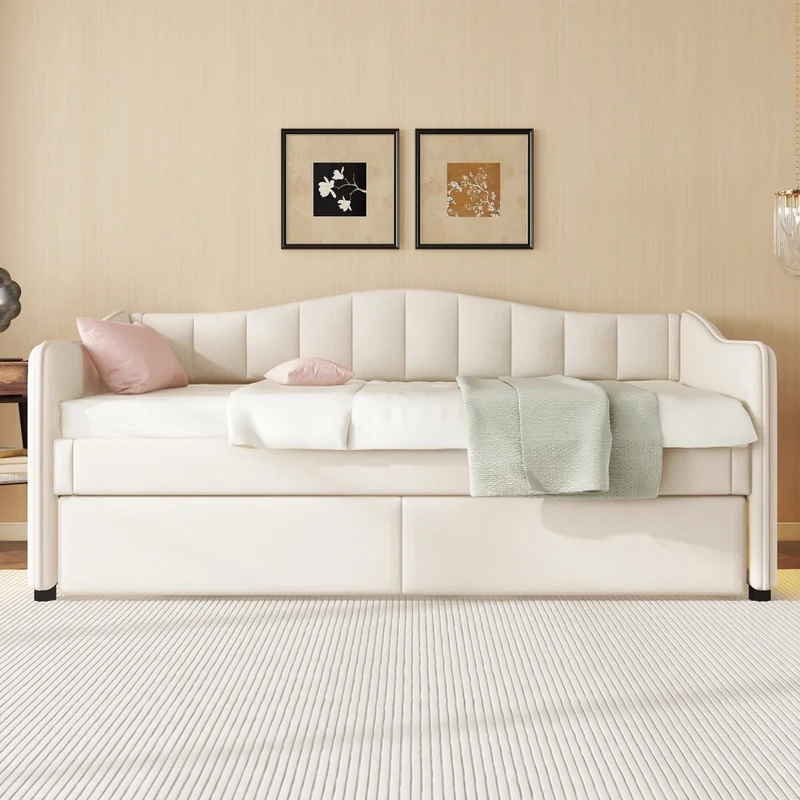 Letto singolo 90x200 cm con letto estraibile; luce LED e rivestimento beige in lino