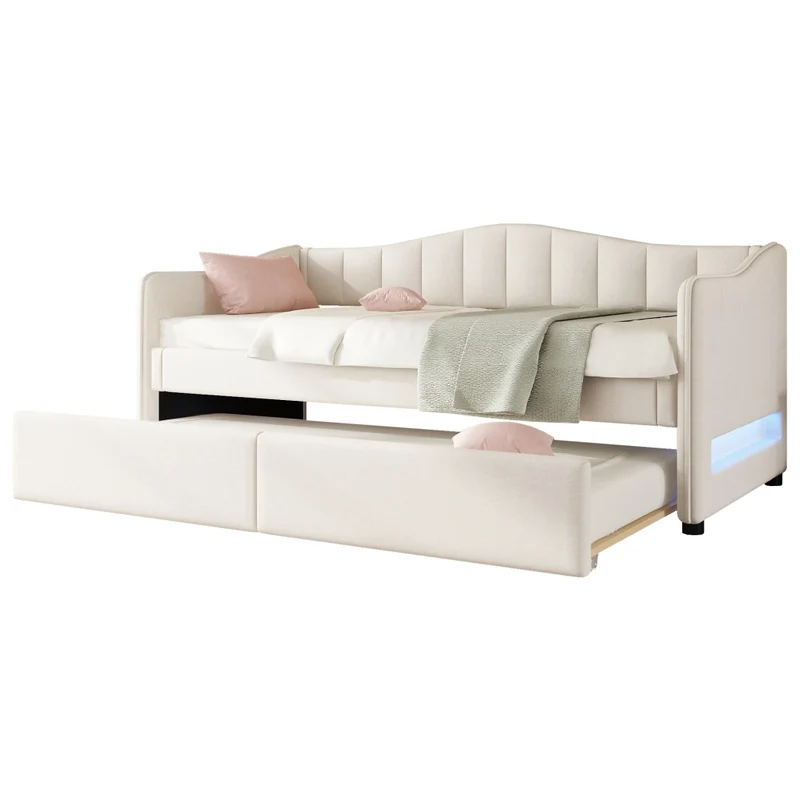 Letto singolo 90x200 cm con letto estraibile; luce LED e rivestimento beige in lino