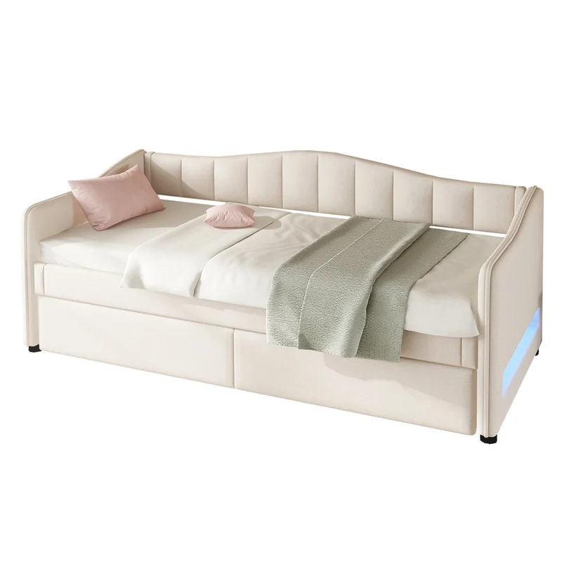 Letto singolo 90x200 cm con letto estraibile; luce LED e rivestimento beige in lino