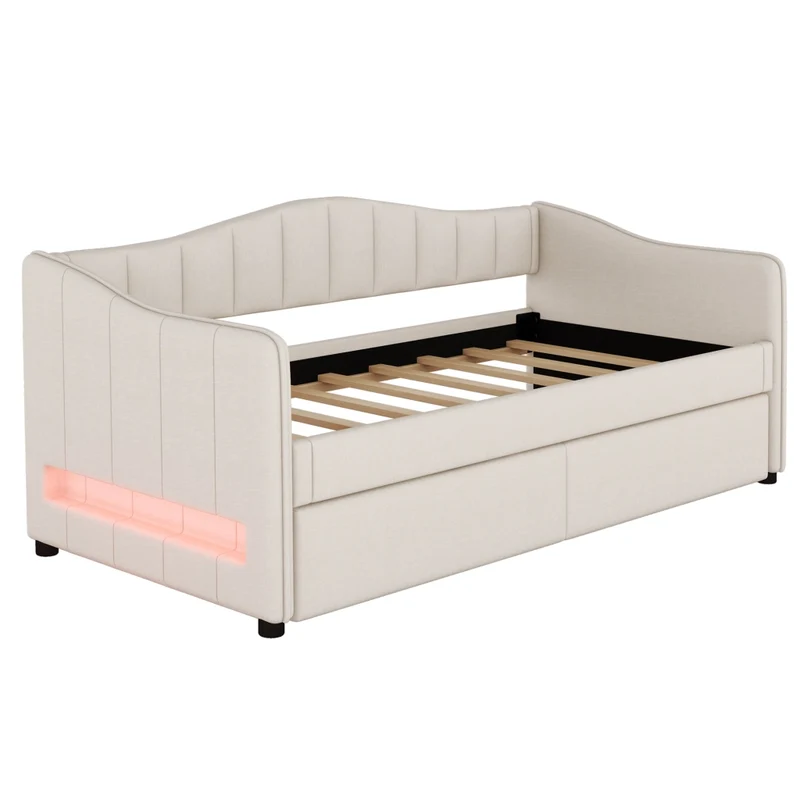 Letto singolo 90x200 cm con letto estraibile; luce LED e rivestimento beige in lino