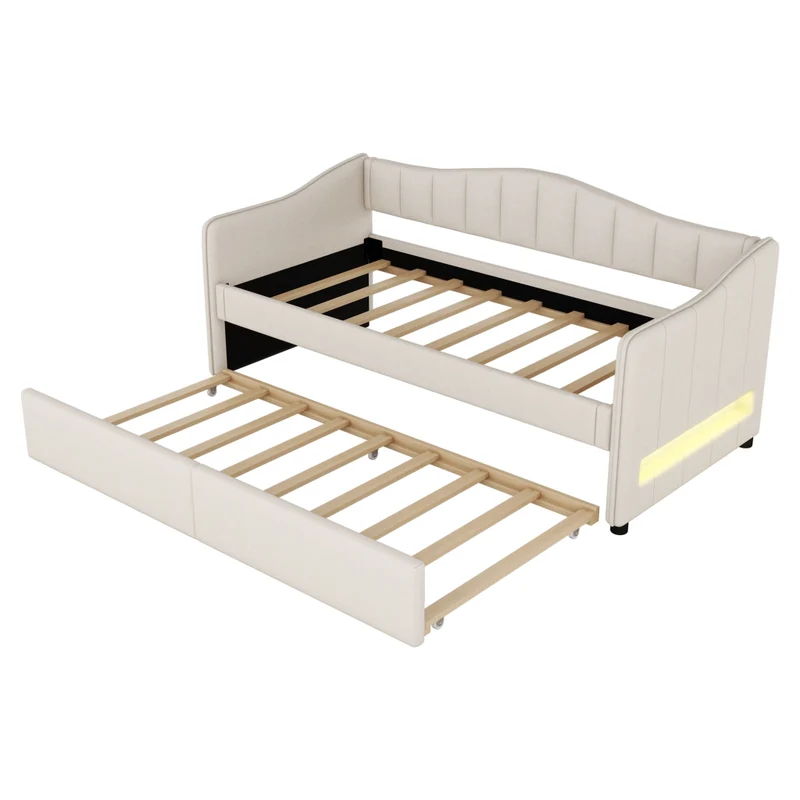 Letto singolo 90x200 cm con letto estraibile; luce LED e rivestimento beige in lino