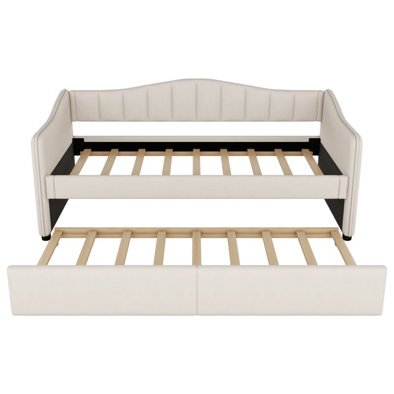 Letto singolo 90x200 cm con letto estraibile; luce LED e rivestimento beige in lino