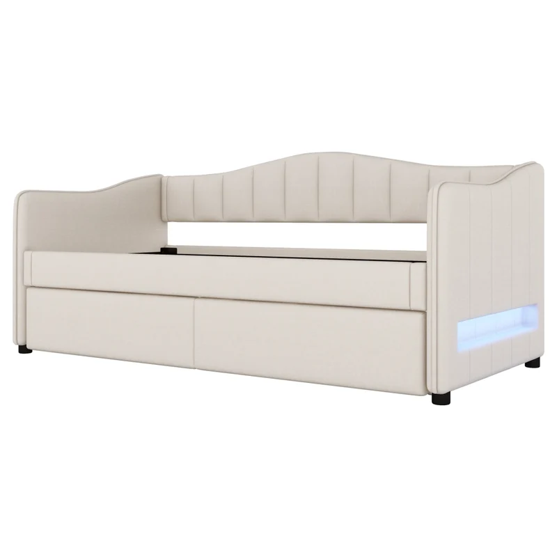 Letto singolo 90x200 cm con letto estraibile; luce LED e rivestimento beige in lino