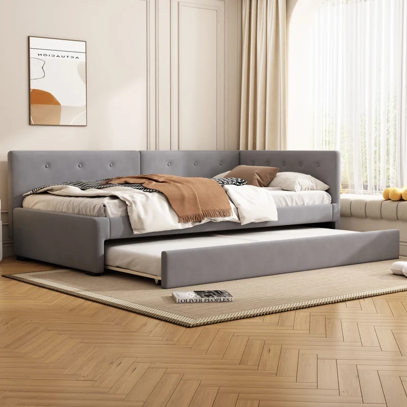 Letto singolo 90x200 cm con letto estraibile; struttura in velluto grigio