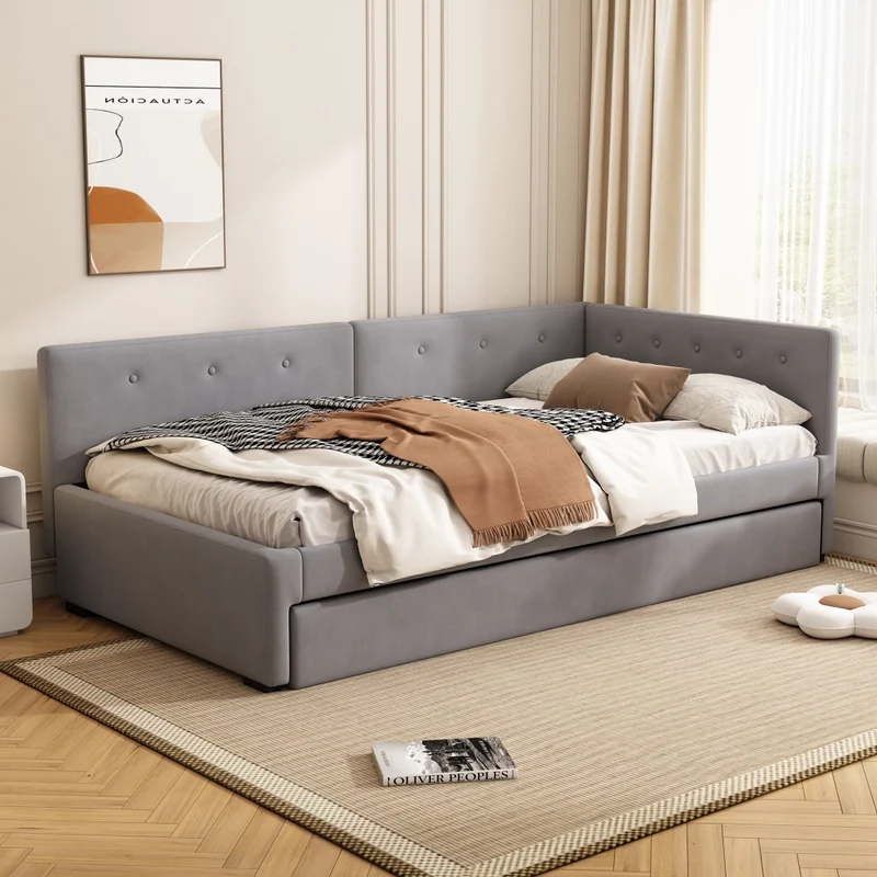 Letto singolo 90x200 cm con letto estraibile; struttura in velluto grigio