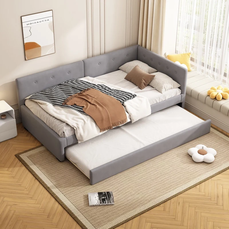 Letto singolo 90x200 cm con letto estraibile; struttura in velluto grigio