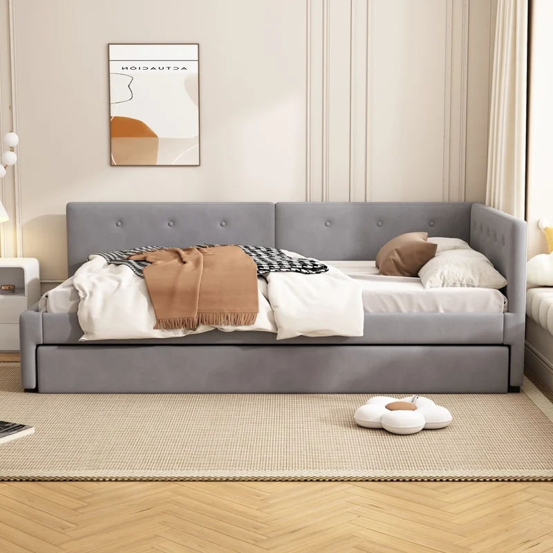 Letto singolo 90x200 cm con letto estraibile; struttura in velluto grigio
