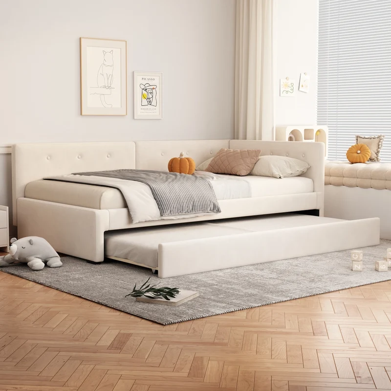 Letto singolo 90x200 cm con letto estraibile; struttura imbottita beige in velluto