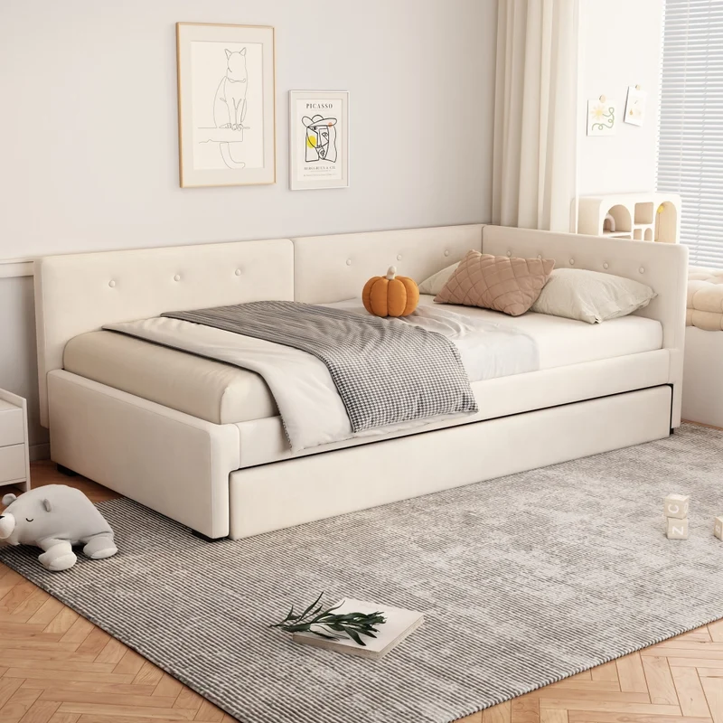 Letto singolo 90x200 cm con letto estraibile; struttura imbottita beige in velluto