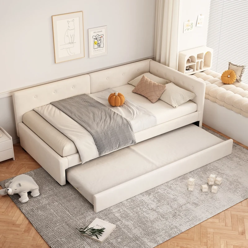Letto singolo 90x200 cm con letto estraibile; struttura imbottita beige in velluto