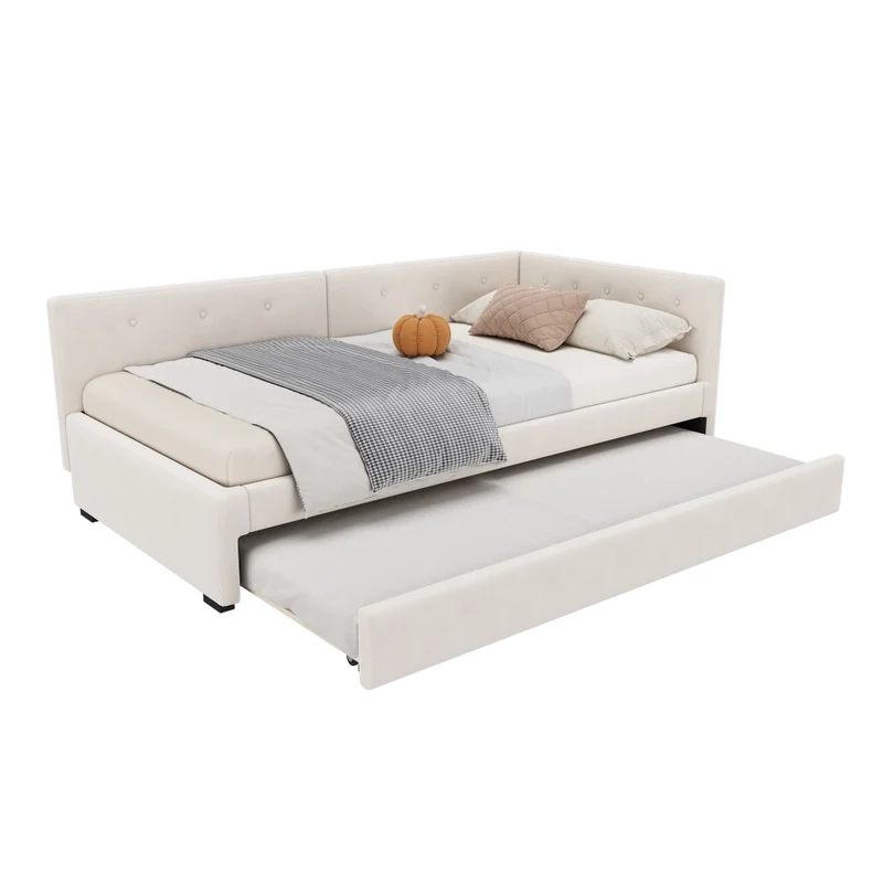 Letto singolo 90x200 cm con letto estraibile; struttura imbottita beige in velluto