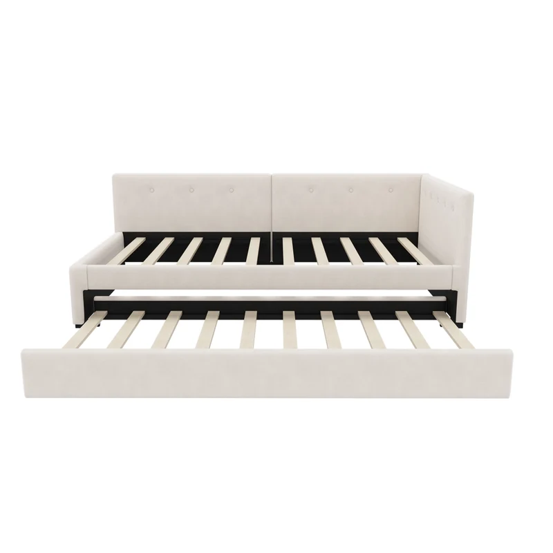 Letto singolo 90x200 cm con letto estraibile; struttura imbottita beige in velluto