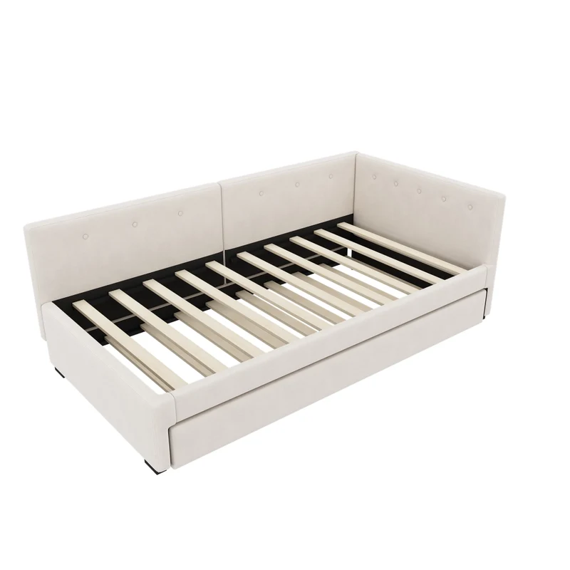 Letto singolo 90x200 cm con letto estraibile; struttura imbottita beige in velluto