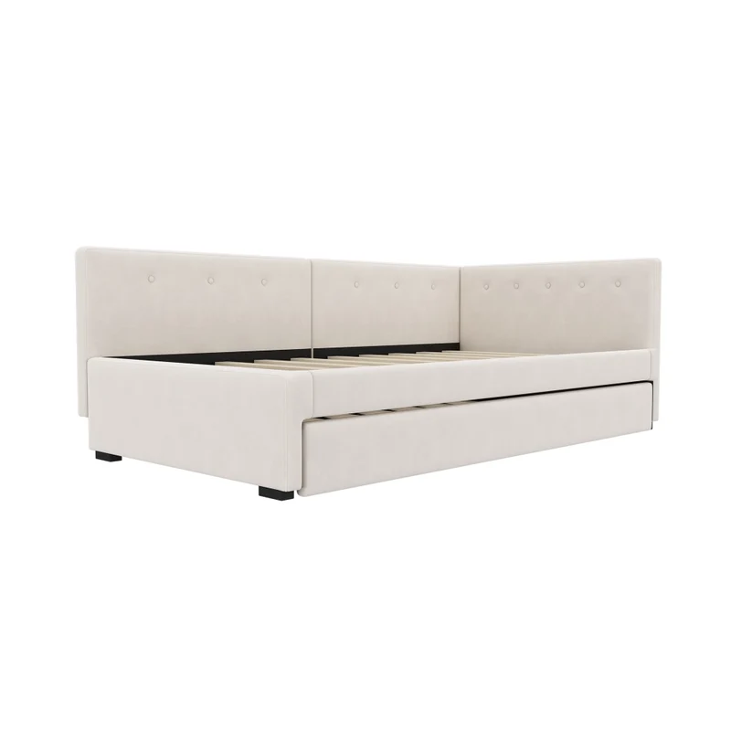 Letto singolo 90x200 cm con letto estraibile; struttura imbottita beige in velluto