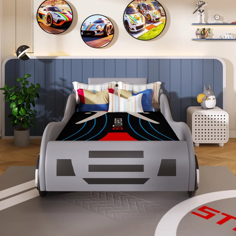 Letto auto per bambini 90x200 cm con rete a doghe; contenitore idraulico; grigio