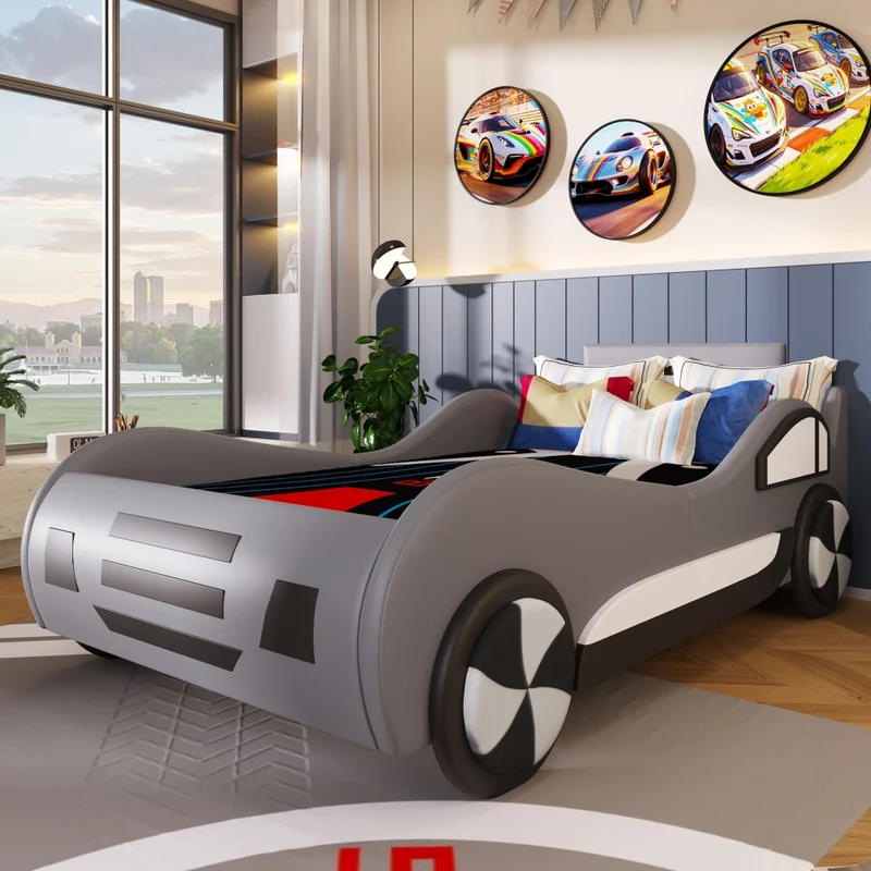 Letto auto per bambini 90x200 cm con rete a doghe; contenitore idraulico; grigio
