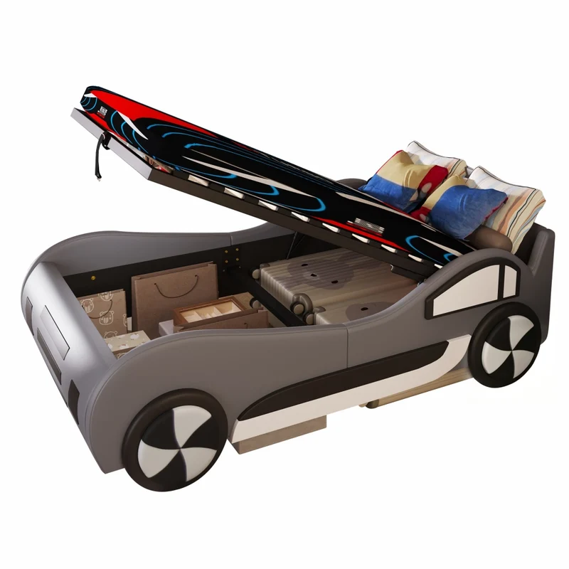 Letto auto per bambini 90x200 cm con rete a doghe; contenitore idraulico; grigio