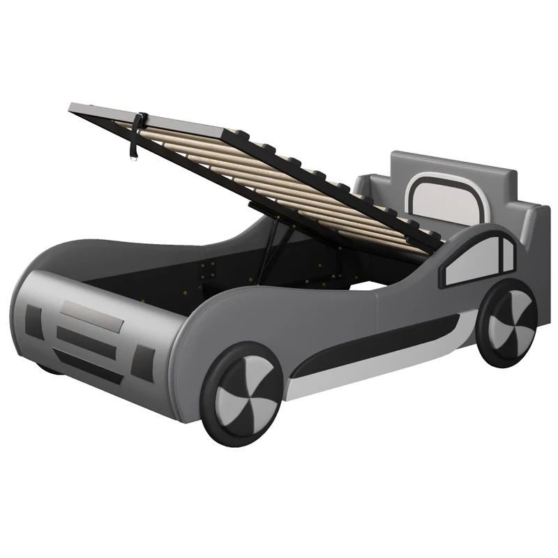 Letto auto per bambini 90x200 cm con rete a doghe; contenitore idraulico; grigio