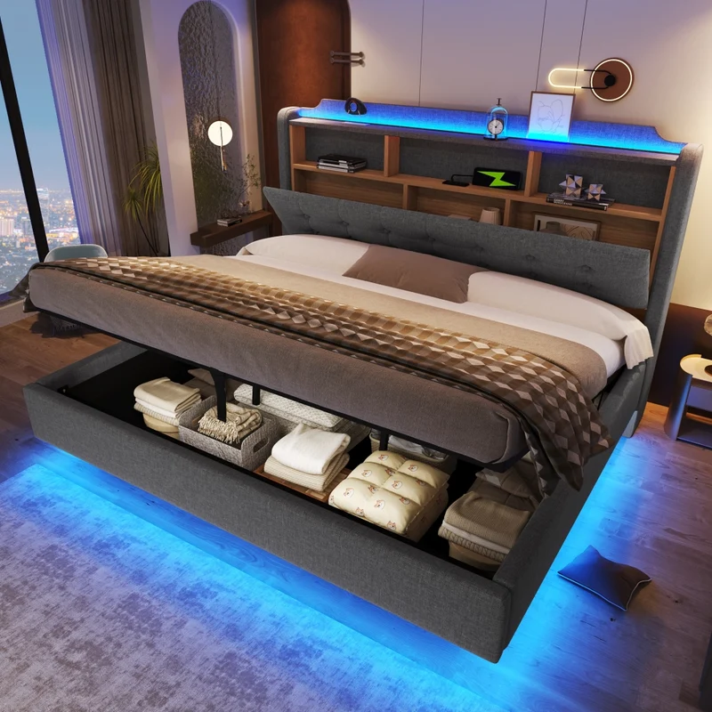 Letto imbottito 180x200 cm con contenitore idraulico e striscia LED multicolore; tessuto grigio
