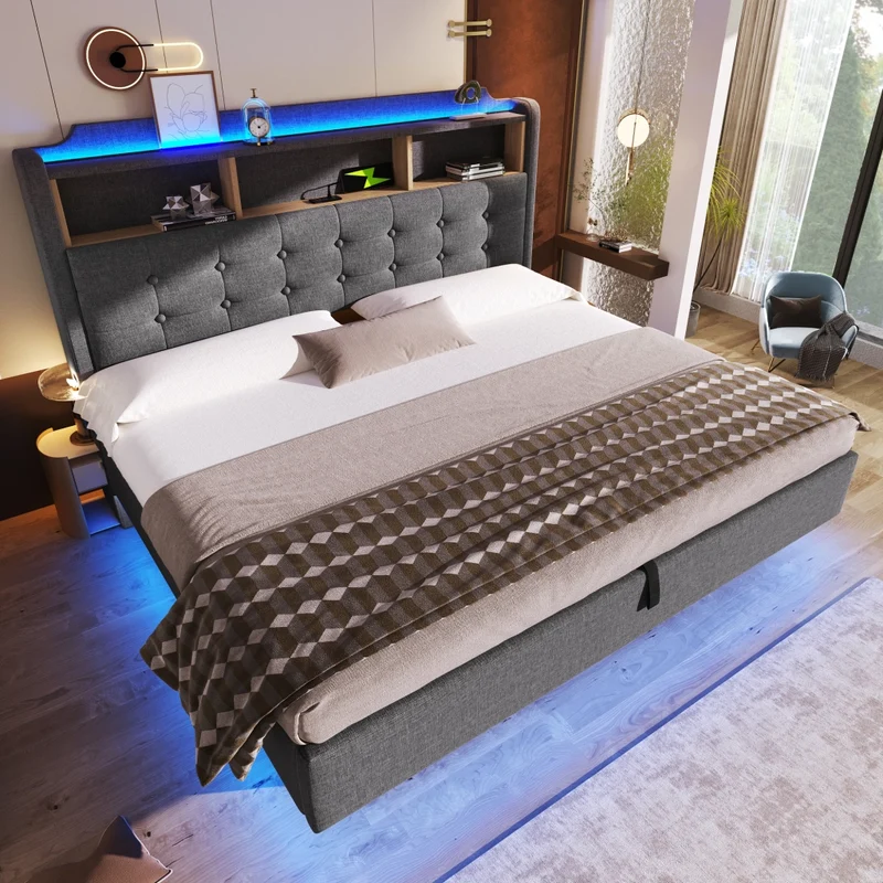 Letto imbottito 180x200 cm con contenitore idraulico e striscia LED multicolore; tessuto grigio