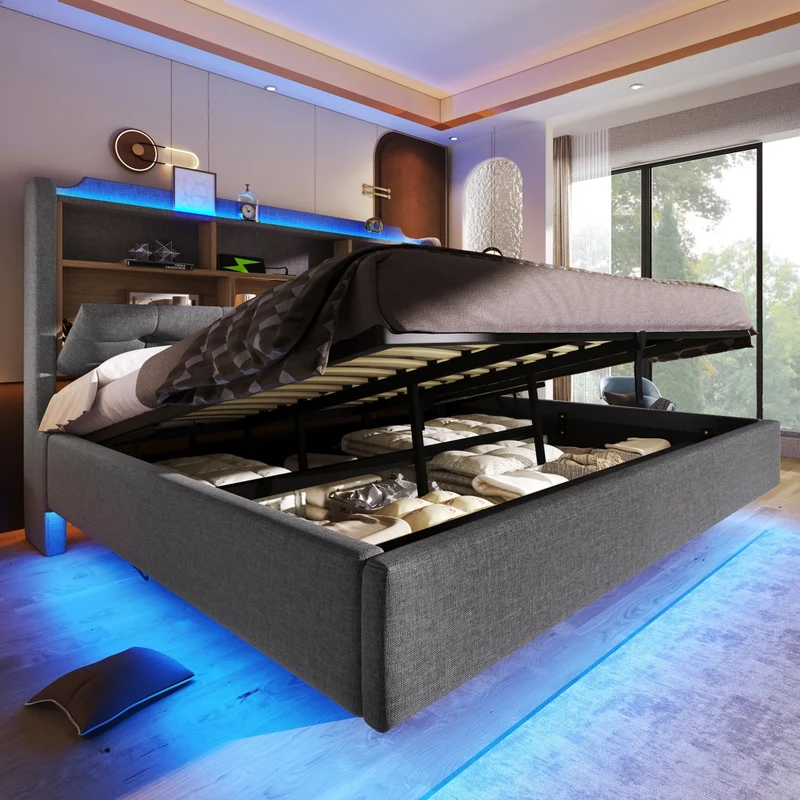 Letto imbottito 180x200 cm con contenitore idraulico e striscia LED multicolore; tessuto grigio
